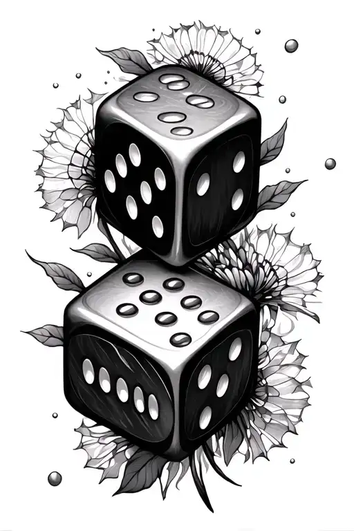 rpg dice intertwined with dandilion seeds float air tattoo design idea