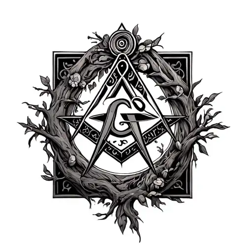 arabic calligraphy, freemason square and compass, tree of life  tattoo design idea