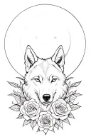 Wolf and roses intertwined and moon tattoo design idea