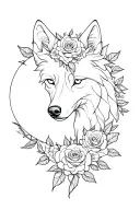 Wolf and roses intertwined and moon tattoo design idea