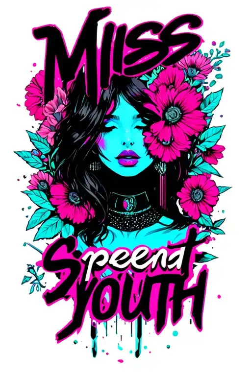 "Miss spent youth" "Miss spent youth" sexy woman flowers geometric futuristic unmasking blacks neon colours full coverage  tattoo design idea