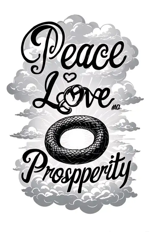The words Peace, love, and prosperity with the infinity snake, clouds, and sunlight peaking through the clouds tattoo design idea