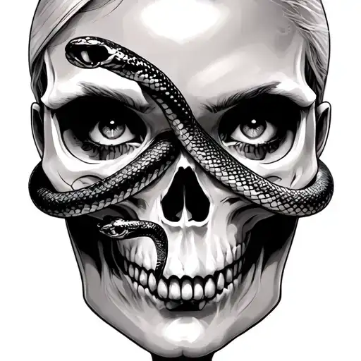 Women's face with a skull face with snakes tattoo design idea