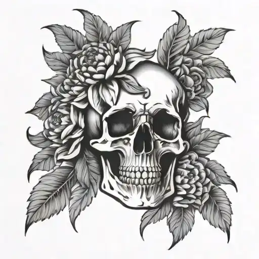 skull surrounded by dahlia flowers tattoo design idea