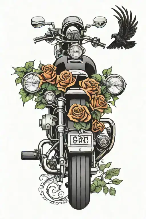 harley davidson motorcycle parked by long sidewalk leading to a porch surrounded by evergreen trees, roses, calla lily tattoo design idea