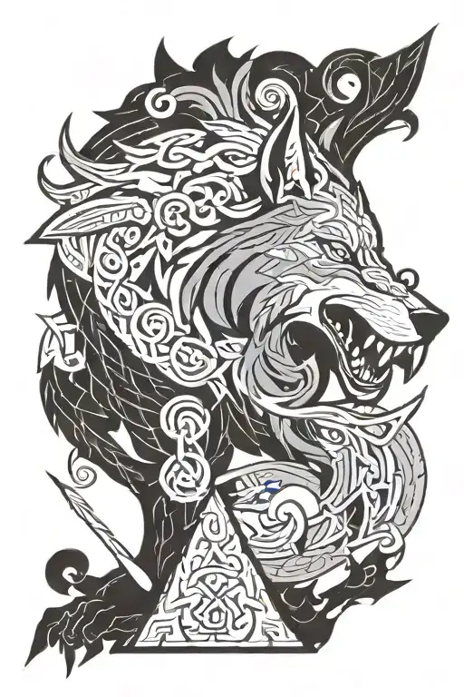 angry fenrir with runes wrapping, nordic, black and grey, with not allot of black tattoo design idea