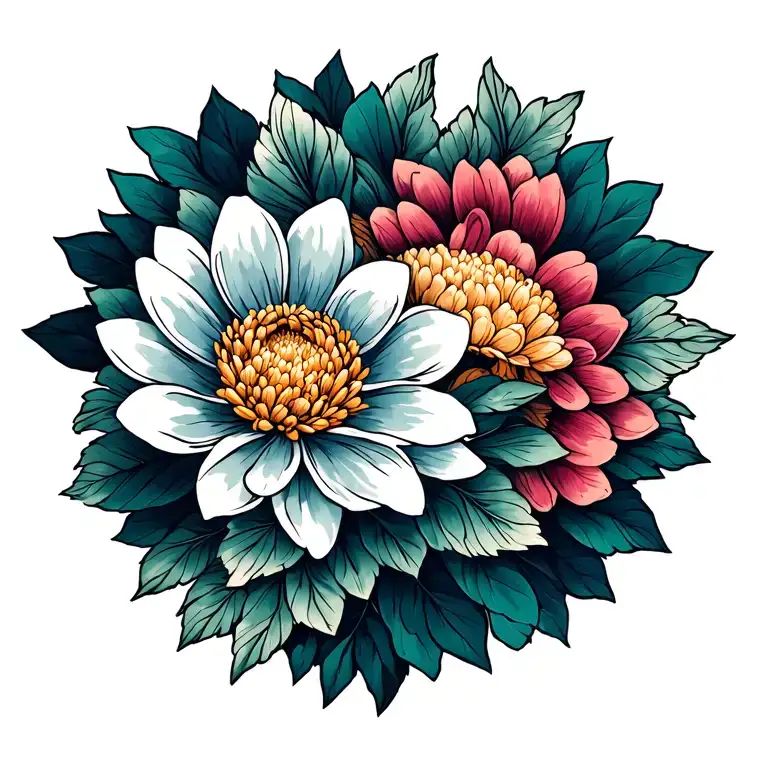 gashadokuro and chrysanthemums flower tattoo design idea