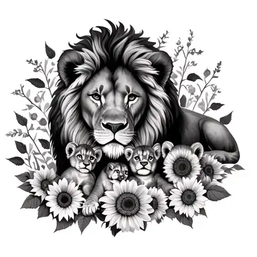 lion with 4 cub laying with sunflowers and roses tattoo design idea