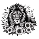 lion with 4 cub laying with sunflowers and roses tattoo design idea