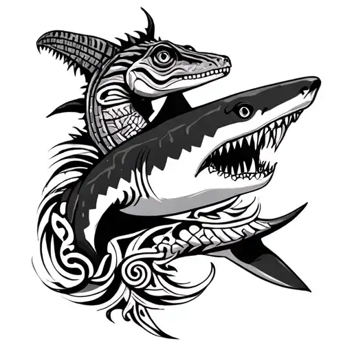 Maori tattoo with shark teeth, a lizard, a shark, a tiki, the ocean and enata tattoo design idea