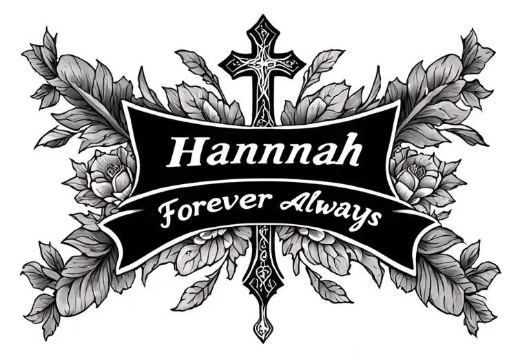 wife's name Hannah, Christian cross, words forever and always tattoo design idea