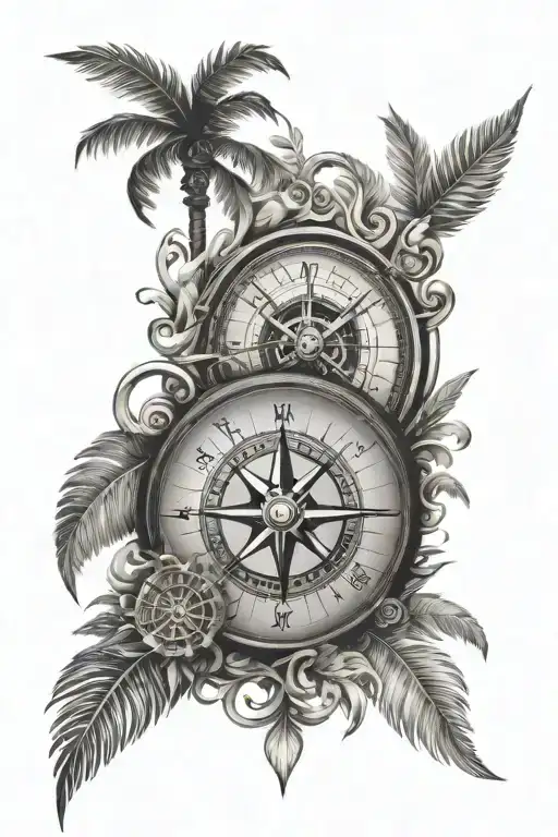 family, sea, palm trees, compass, monograms. tattoo design idea