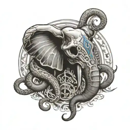 elephant skull, evil eye of protection, Money, Snakes tattoo design idea