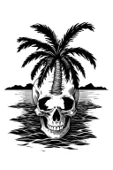 skull, palm tree, sunset tattoo design idea