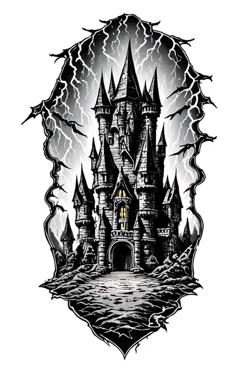 A Midevil Castle in a lightning storm in the style of black metal album covers tattoo design idea