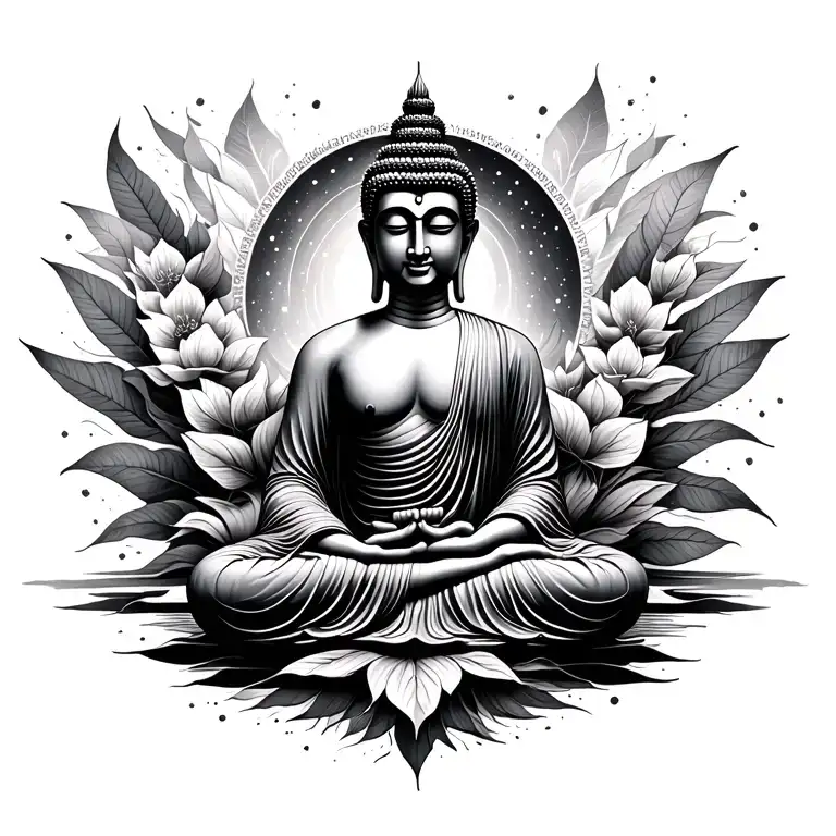 The tattoo represents a spiritual and poetic scene centered around Buddha, seated in the meditation position (DHY tattoo design idea
