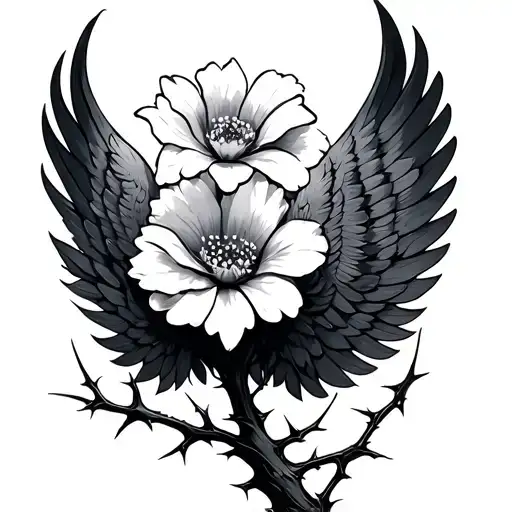 A flower tree is protected by thorns, thorns that actually hurt something to defend the flower with a bird's wing combination. tattoo design idea