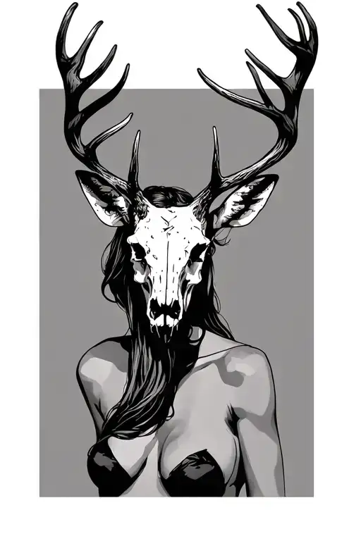 sexy woman with deer skull head tattoo design idea