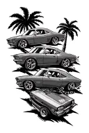 386 on top of 3 nascars with palm trees on side if cars tattoo design idea