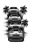 386 on top of 3 nascars with palm trees on side if cars tattoo design idea