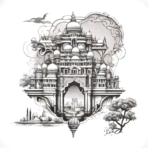 Design a tattoo of the Udaipur skyline with elements of business and marketing intertwined in the architecture tattoo design idea