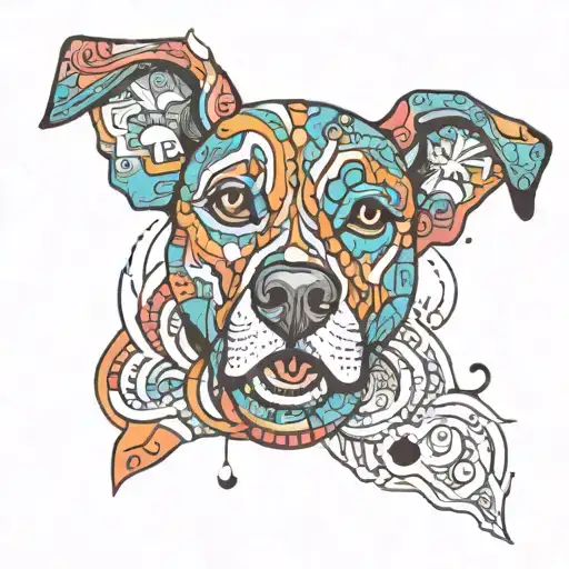 A colorful and vibrant tattoo of a dog named Albert surrounded by psychedelic patterns tattoo design idea