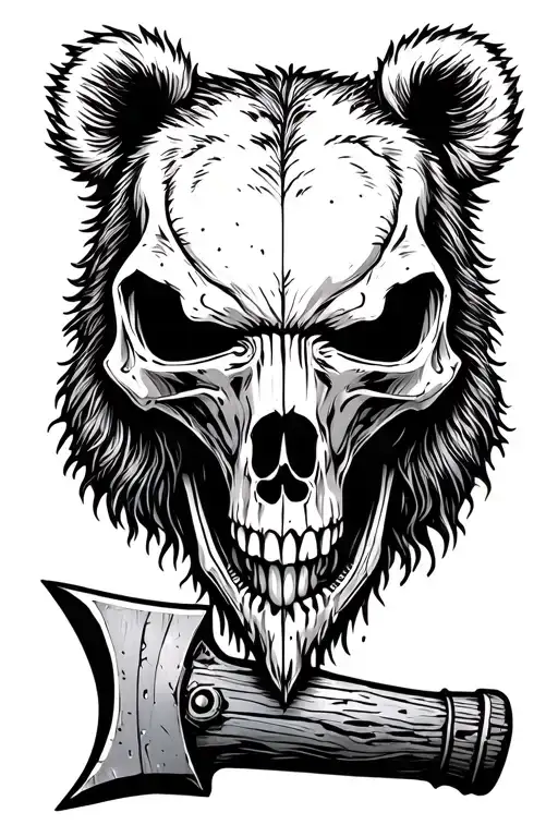 mining pickaxe in bear skull tattoo design idea