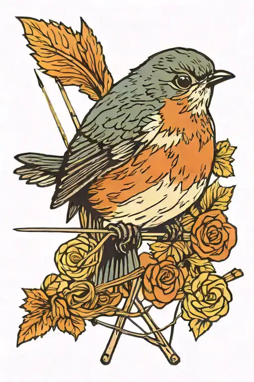 knitting needles and yarn robin perched tattoo design idea