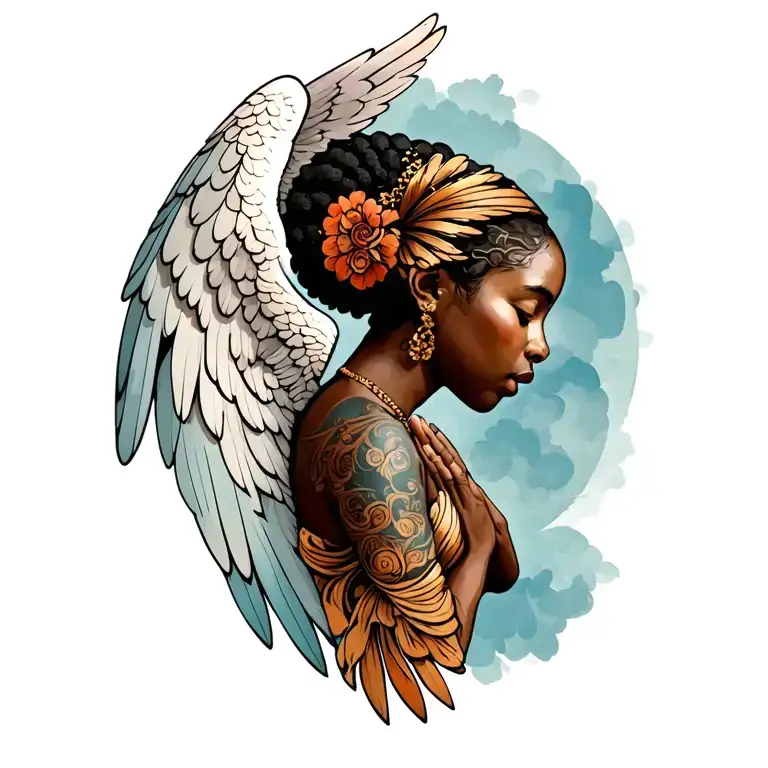 African angels praying hands side view tattoo design idea