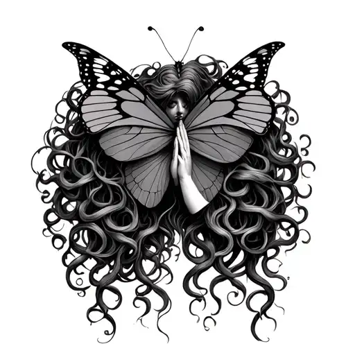 medusa worshipping and praying to a butterfly tattoo design idea