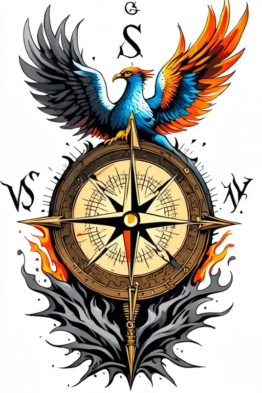 compass representing the course for life over time. Overlapping is a Phoenix rising up from the ashes tattoo design idea