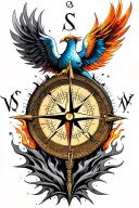 compass representing the course for life over time. Overlapping is a Phoenix rising up from the ashes tattoo design idea