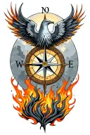 compass representing the course for life over time. Overlapping is a Phoenix rising up from the ashes tattoo design idea