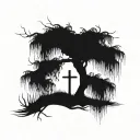 cross in a weeping willow tree tattoo design idea