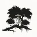 cross in a weeping willow tree tattoo design idea