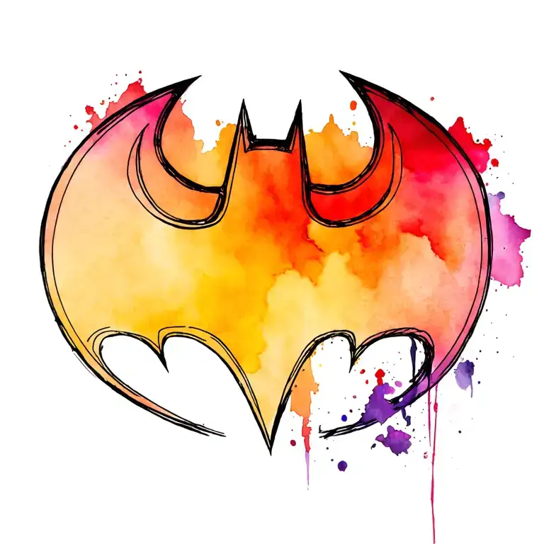 black Batman symbol with joker and Harley Quinn ontop of it in full colour  tattoo design idea