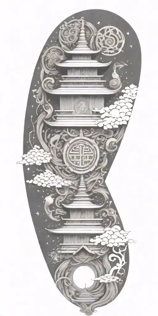 Blend Buddhist symbols, fine-line wood grain, anime elements, and subtle gaming symbols into a cohesive, flowing design tattoo design idea