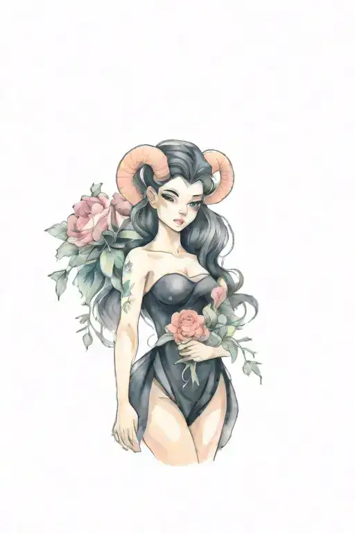 A girl-aries with pumped up muscles, holding flowers, stands in a black dress. In the style of cartoons. tattoo design idea