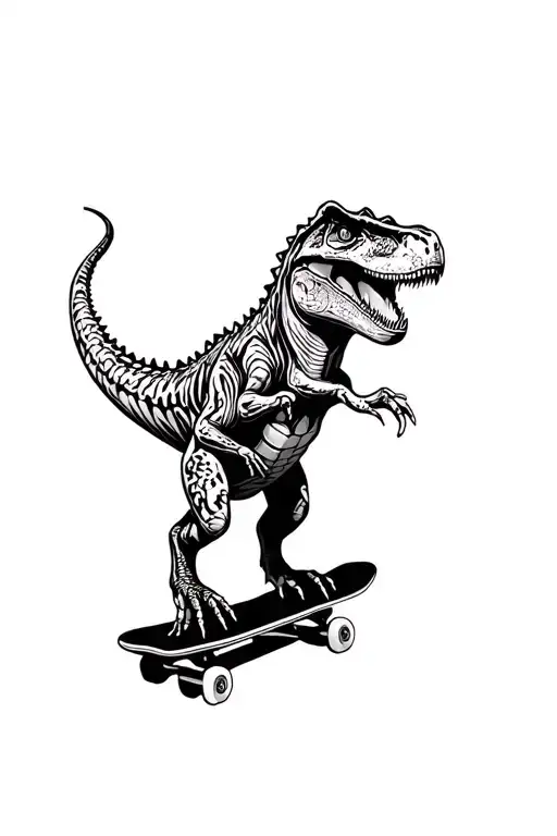 t rex on skateboard deck with intricate blackwork tattoo tattoo design idea