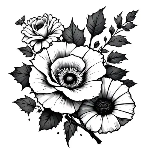 fine black lines no colour 1 rose 1 holly 1 morning glory 2 poppies 2 daisies 1 carnation with solid black line anchor f tattoo design idea