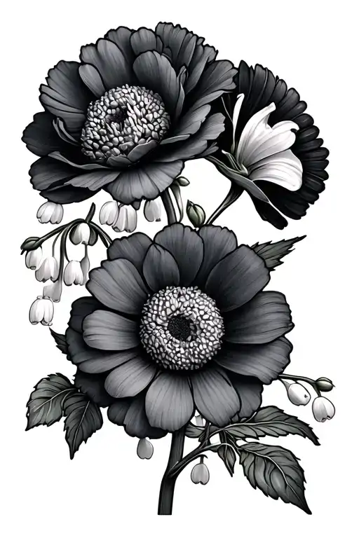 carnations, violets, sweet peas, daisies, lilly of the valley floral fine line tattoo design idea