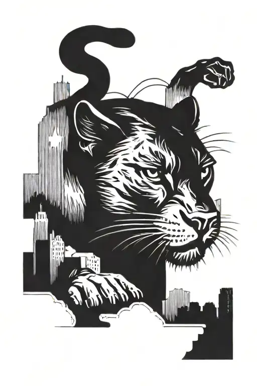 panther crawling forward with city in the background. With road sign on the street. 24 basketball jersey fading in back tattoo design idea
