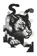 panther crawling forward with city in the background. With road sign on the street. 24 basketball jersey fading in back tattoo design idea