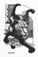 panther crawling forward with city in the background. With road sign on the street. 24 basketball jersey fading in back tattoo design idea