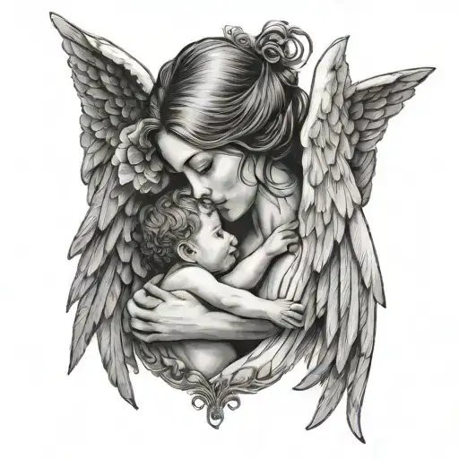 mother with small child, angel wings tattoo design idea