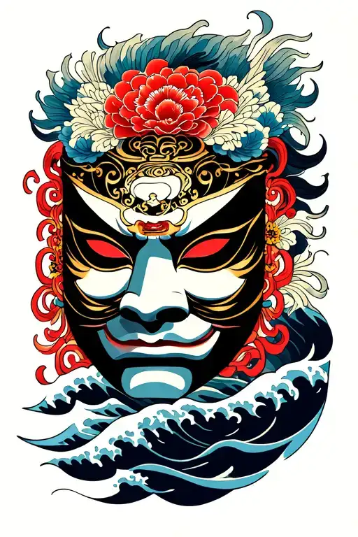 japanese oriental tattoo featureing hanya mask with waves tattoo design idea