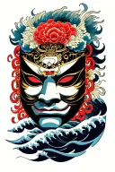 japanese oriental tattoo featureing hanya mask with waves tattoo design idea