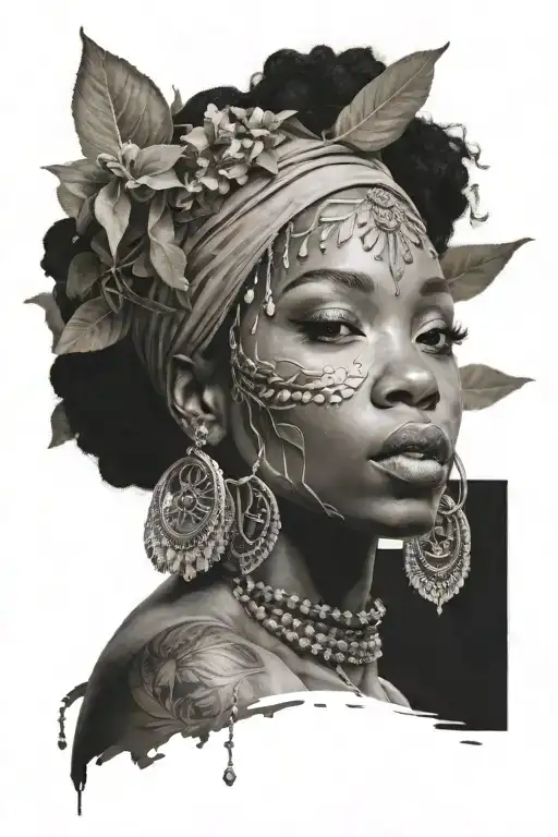 black woman with sage and crystals around her head tattoo design idea