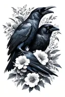 Two realistic ravens surrounded by botanical flowers in art deco style tattoo design idea