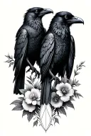 Two realistic ravens surrounded by botanical flowers in art deco style tattoo design idea